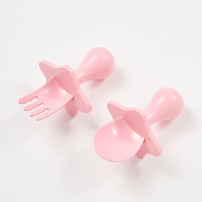 Elli&Nooli Silicone Fork & Spoon Set - 2-Piece Set, Pink - Self-Feeding Training & Toddler Utensils - Ergonomic Star-Shaped Barrier & Baby Feeding Essentials