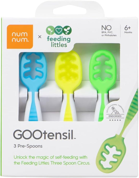 NumNum Baby Spoons Set, Feeding Littles x Silicone Pre-Spoon GOOtensils for Baby Led Weaning, Self-Feeding & Teething, First Stage Toddler Utensils for Ages 6+ Months, 3-Pack, BPA-Free (Neon)