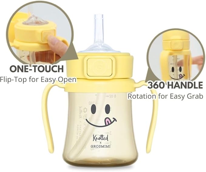 GROSMIMI x KNOTTED Flip Top Spill Proof Sippy Cup, PPSU, BPA Free, Stage 2 Straw for Toddlers (Smile 6oz)