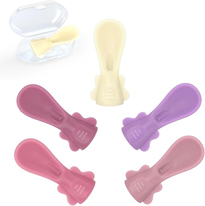 Baby Food Pouch Spoon Attachment (5-Pack, Blossom) ??Designed for Small Mouths & Stage 1 Weaning ??Ultra-Soft Silicone Feeder for Sensitive Gums ??Universal Fit Pouch Topper with Travel Cases