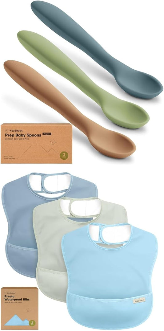 KeaBabies 3-Pack Silicone Baby Spoons and 3-Pack Waterproof Baby Bibs for Eating - Toddler First Food Training Spoon - Lightweight Boys & Girls Bib with Food Catcher