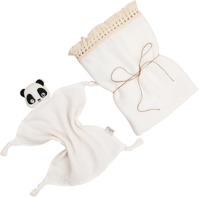 Cotton Muslin Baby Blanket with Tassel,Panda Lovey Security Blanket,Soft Breathable Nursery Decor,Nursing Cover for Newborn Infant Toddler 47"x47" (White)