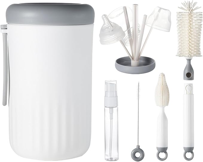 Ariseno Travel Bottle Cleaner Kit, 6-in-1 Baby Bottle Brush with Silicone Bottle Brush, Nipple Brush, Straw Brush, Drying Rack, Dispenser, Organizer, Baby Travel Essential, Gifts for New Mom - Grey