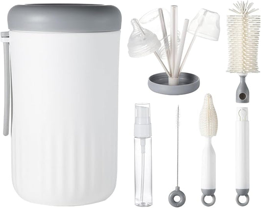 Ariseno Travel Bottle Cleaner Kit, 6-in-1 Baby Bottle Brush with Silicone Bottle Brush, Nipple Brush, Straw Brush, Drying Rack, Dispenser, Organizer, Baby Travel Essential, Gifts for New Mom - Grey