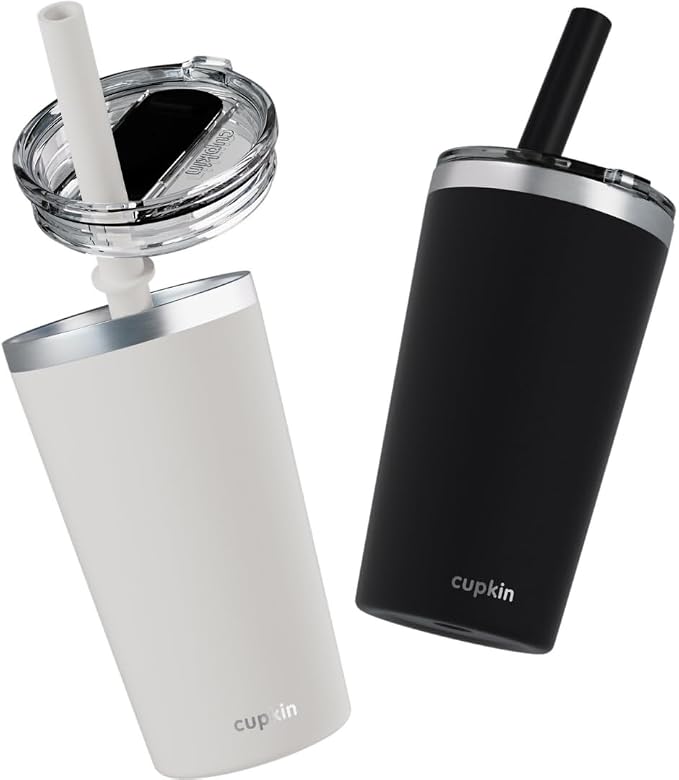 CUPKIN Toddler Tumblers, The Original 12 oz Stackable Stainless Steel Cups, Set of 2 Powder Coated Insulated Kids Water Bottle Alternative + BPA Free Lids + Reusable Silicone Straws (Black + White)