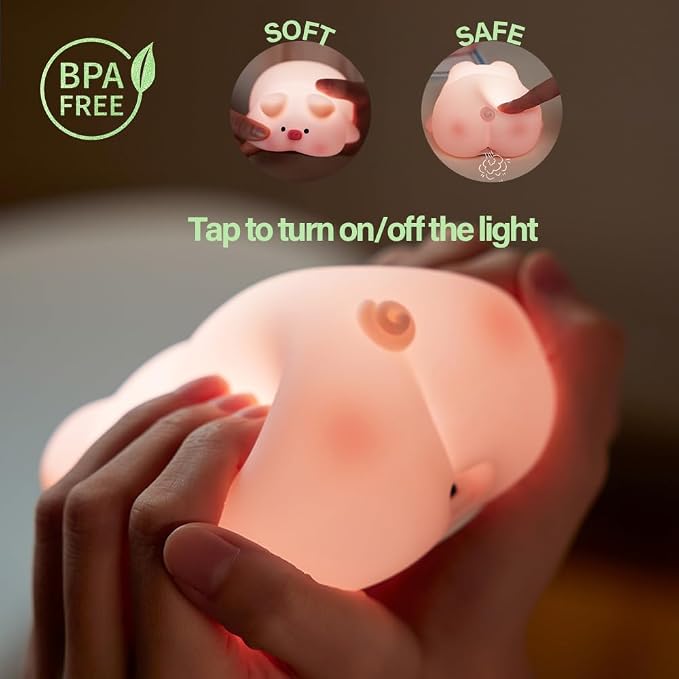 Cute Pig Night Light, 3 Level Dimmable Nursery Nightlight, Kawaii Lamps Squishy Silicone Rechargeable Touch Lamp, Best Gift for Kids Adults Room Decor
