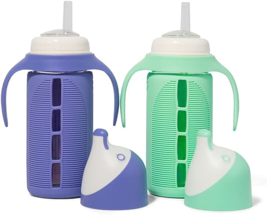 Tabor Place Set of 2 - Glass Sippy Cup for Toddlers - The Luca | Mint Green & Indigo Purple | Spill-Proof | Silicone Straw | 8 oz | Liquids Never Touch Plastic | Removable Handles…