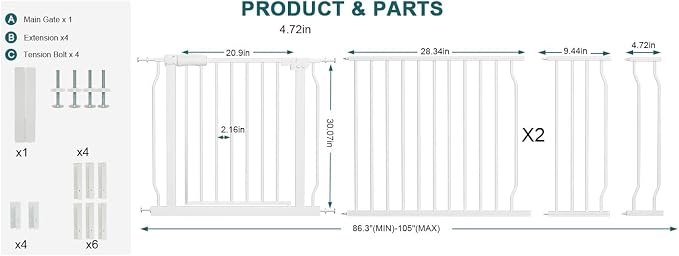 Extra Wide Baby Gates Large Long Dog Gates for the House Doorways Stairs Pressure Mount Dog Pet Gate Walk Through Metal Child Indoor Safety Gates (White, 86.3"-105"/219-267CM)