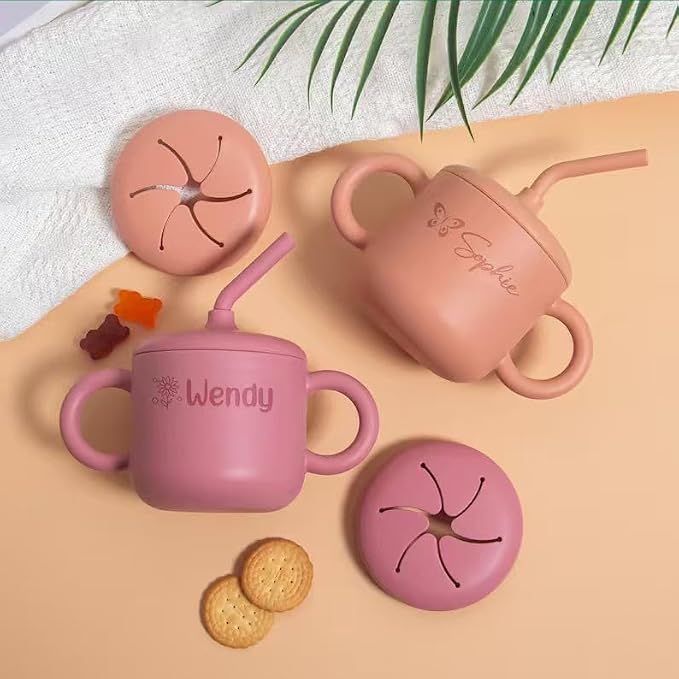 Personalized Baby Sippy Cup,Custom Silicone Snack Cups,Baby Water Cup with Lid and Handle,Engraved Name Toddler Training Cups