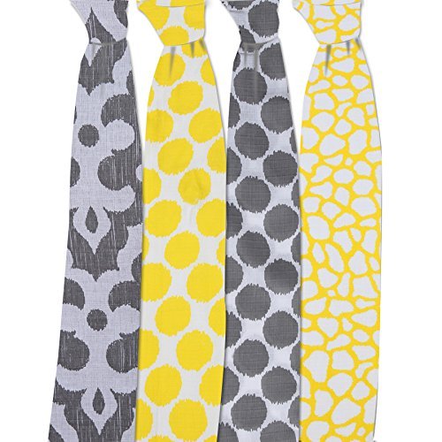 Bacati - 4 Pack Unisex Baby Swaddle Blanket Breathable Swaddle Wrap Soft Cotton Muslin Receiving Blanket for Boys or Girls, Large 45 x 45 inches (Ikat Dots/Giraffe, Yellow/Grey)