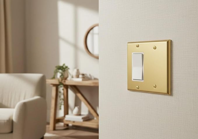 Rio Salto Metal 2-Gang Gold Outlet Cover or Light Switch Cover Wall Plate, Blank Rocker Combination Wallplate Decorator Covers 2 Gang Double STANDARD SIZE Brass (Blank Rocker Combo)