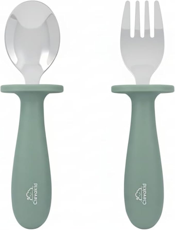 Toddler Stainless Steel Spoon & Fork Set, Non-Slip Silicone Handle, BPA-Free, Self-Feeding (Green Olive)