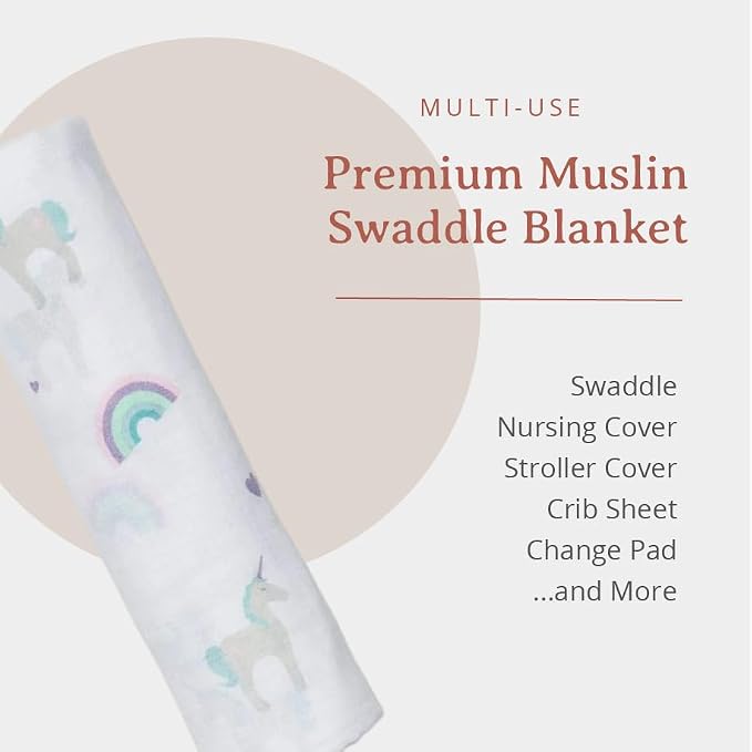 Lulujo Baby 100% Cotton Muslin Swaddle Blanket, 47 x 47-Inches, Rainbows and Unicorns