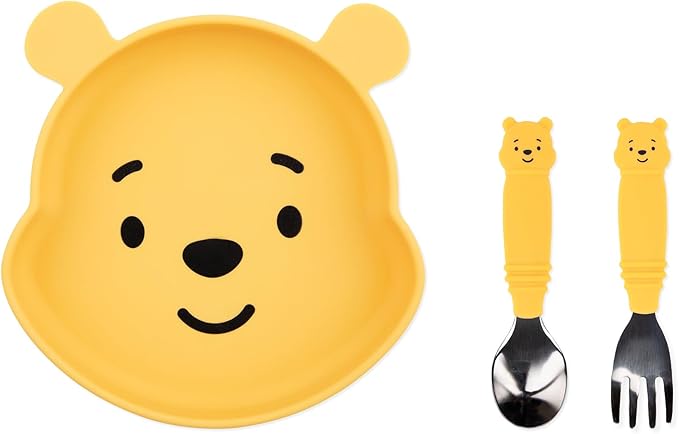 Bumkins Disney Winnie the Pooh - Silicone Grip Dish, Fork & Spoon - For Ages 18 Months+ - Suction Base - 100% Food-Safe Silicone - Freezer, & Dishwasher Safe