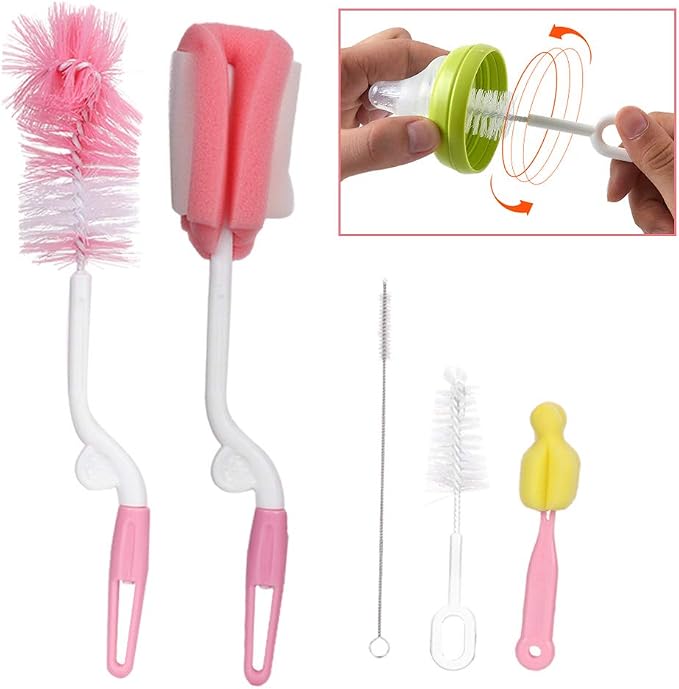 5PCS Baby Bottle Brush Set, Portable Sponge Bottle Brush Travel Kit Baby Children Cleaning Brush Sponge Set for Straw Feeding Bottle