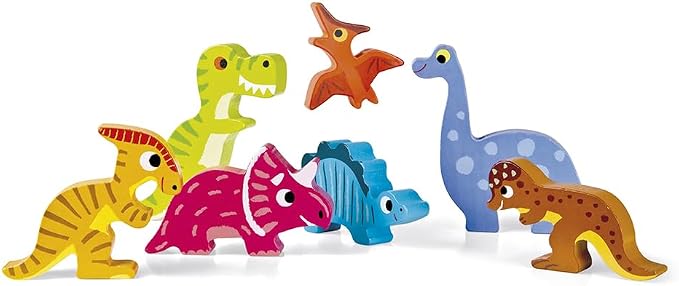 Janod - Dinosaur Chunky Puzzle 7 Pieces - Toddler Playtime - Enhances Motor Skills - Durable Wooden Design - Stimulates Imagination, Vibrant Colors, Educational French Design - J07054