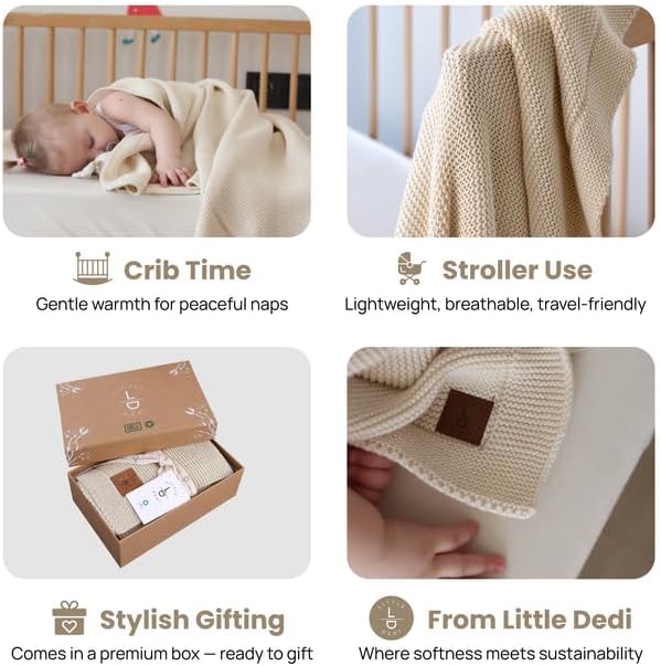 100% Organic Cotton Baby Knitted Blanket with Gift Box - Soft Toddler, Crib, Stroller Blanket - Neutral Swaddle and Receiving Blanket for Newborns, 30"x40", Beige