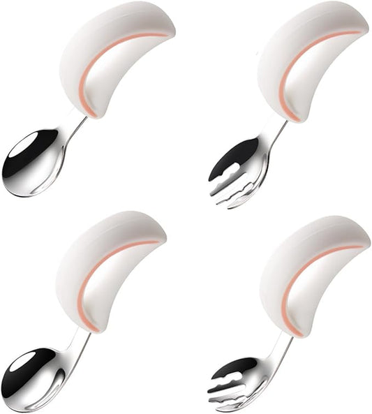 【BPA Free】Baby Spoons and Forks Set with case, 6M+, 4 Pack, (Orange) | Silicone, Stainless Steel, Spoon & Fork, For Babies Toddler, Self-feeding
