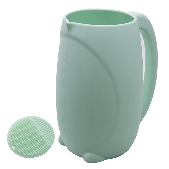 mandoo Baby Bath Rinse Cup - Food Grade Silicone - Shampoo & Body Washing Rinser Cup for Kids with Easy Grip Handle to Rinse Baby Shower - Baby Essentials (Mint+Brush)