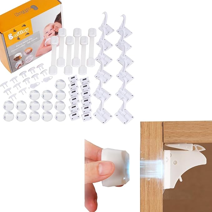 Baby Proofing Kit (58 Pack) + Hidden Magnetic Cabinet Locks (12 Pack)