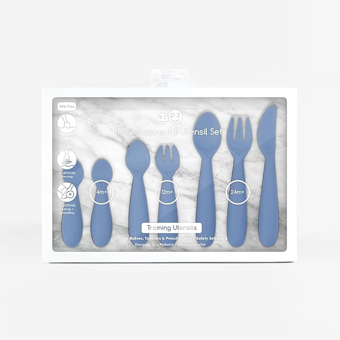 ezpz Developmental Utensils Set (Indigo) - BPA Free Utensils - 100% Silicone and Nylon - Designed by a Pediatric Feeding Specialist - Baby Essentials & Baby Gifts