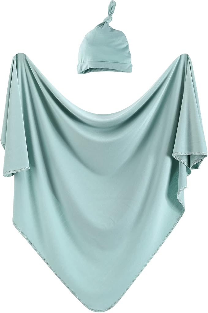 Cotton Knitted Baby Swaddle Blanket with Hat Headband Set Newborn Swaddle Wrap Receiving Blankets for Baby Girl Boy 35" x 35"(LightGreen)