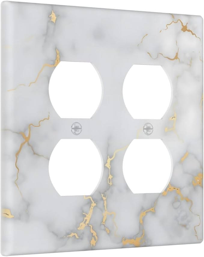 Luxury White And Gold Marble Abstract Modern Outlet Covers 2 Gang Double Duplex Decorative Light Switch Covers Electrical Wallplates Socket Faceplate for Bathroom Kitchen Decor