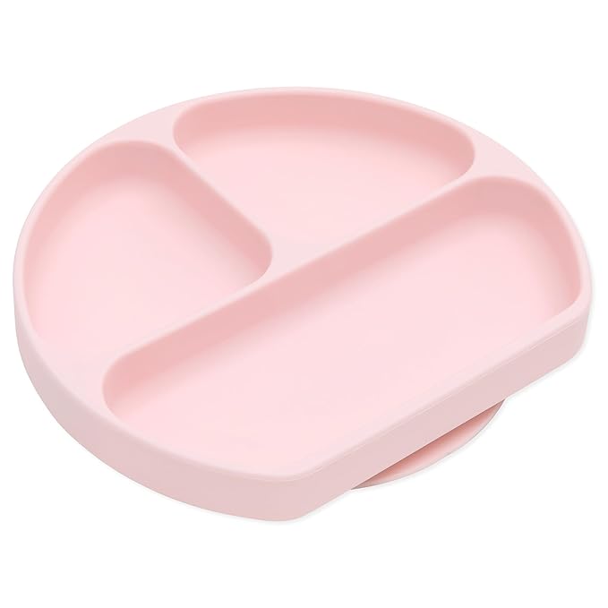 Bumkins Toddler and Baby Suction Plate, Divided Grip Dish for Babies and Kids, Baby Led Weaning, Feeding Supplies, Sticks to Tables and Highchairs, Platinum Silicone, for Chidren 6 Months, Pink