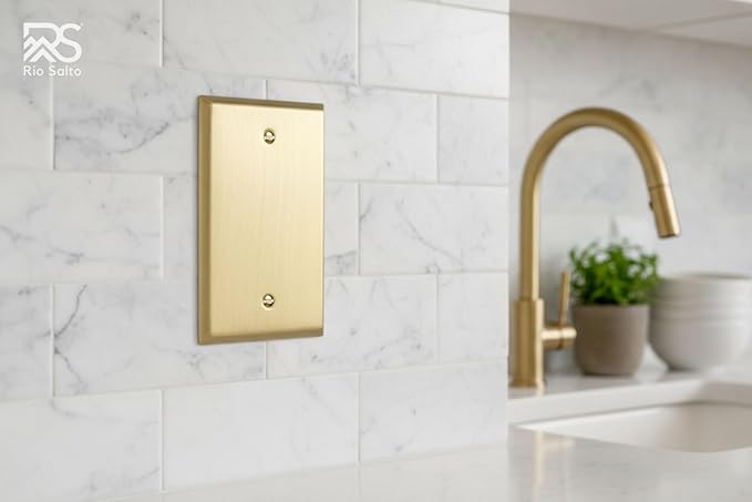 Rio Salto STANDARD SIZE Metal Gold Blank Wall Plate, Blank Outlet Cover Corrosion Resistant Cover for Unused Outlets Wall Switch 1-Gang Covers Child Safe Device Outlet Safety 2-pack