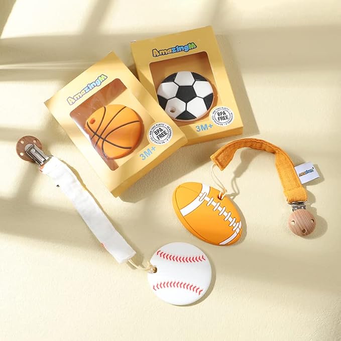Baby Food Grade Silicone Sports Shape Teether Toy with Pacifier Clip Holder,Teething Pain Relief Toys Gift Set for 3 Months+ Boys and Girls,Freezer Safe,BPA Free (American Football)