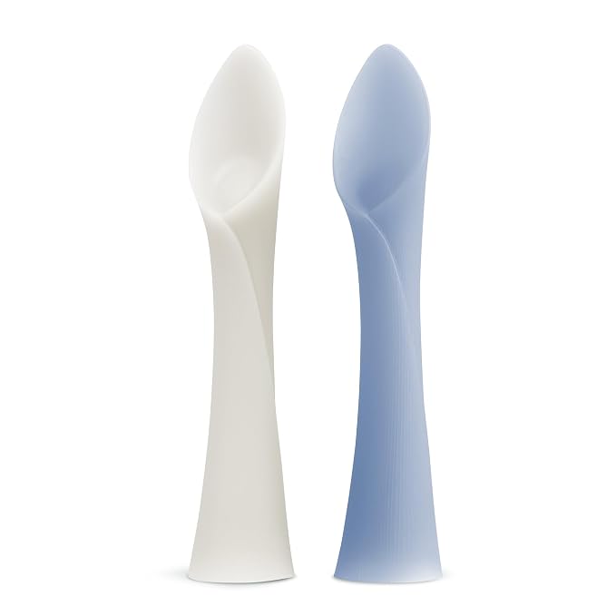 Olababy Training Spoon Set (Pearl/Blueberry) + Fold N Go Silicone Baby Bib w Travel Case (Blueberry)