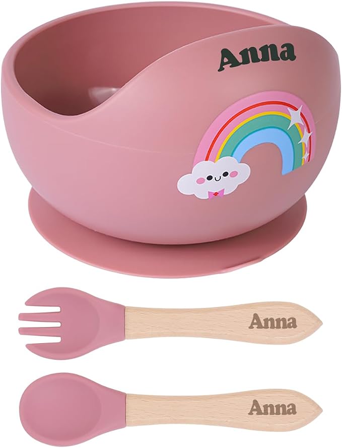 TYRY.HU Personalized Baby Bowl with Suction with Name, Baby Spoon and Fork with Name, Baby Led Weaning Supplies, Silicone Baby Feeding Set (Pink)