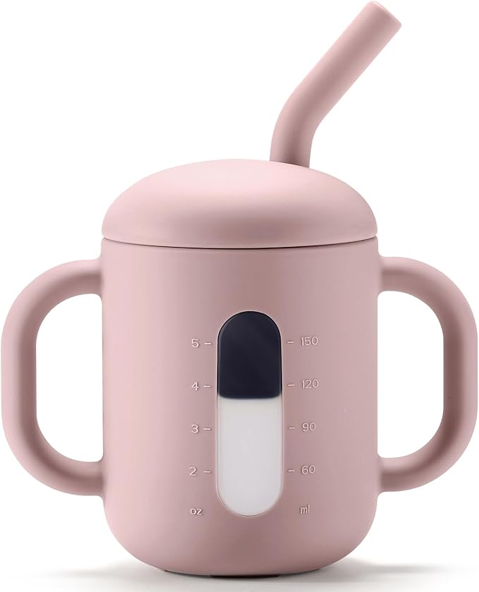 CLYMENE Silicone Training Cup with Straw & Handles | Baby Sippy Cup | Water Drinking Cup for Infants and Toddlers 6 Months+, 6 oz, Blush