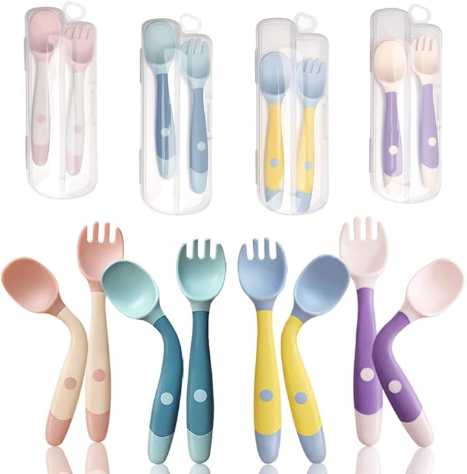 Baby Utensils Spoon Fork with Travel Case, Toddler Utensils for Self Feeding Bendable Handle Silverware for Kids Children (4 Set, Pink+Yellow+Green+Purple)