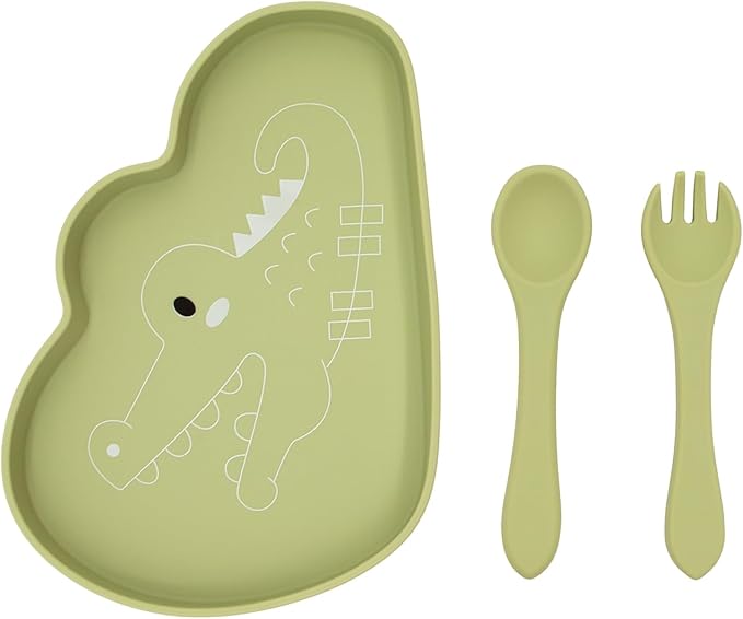 BabyX Baby Silicone Feeder Set, 3-pcs Safari Wildlife-themed Baby Plate with Suction, Spoon and Fork for Babies Toddler Kids, BPA-Free, Baby Utensils Feeding Supplies, Microwave and Dishwasher Safe