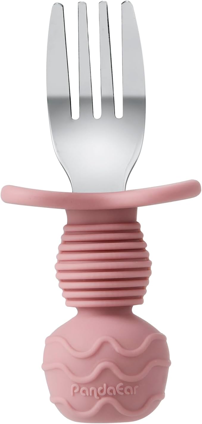 PandaEar 6 Pack Stainless Steel Toddler Spoons and Fork Feeding Set - Anti-Choke First Self Feeding Utensils for Kids Baby Girls Led Weaning Ages 18 Months+ (Pink/Beige)