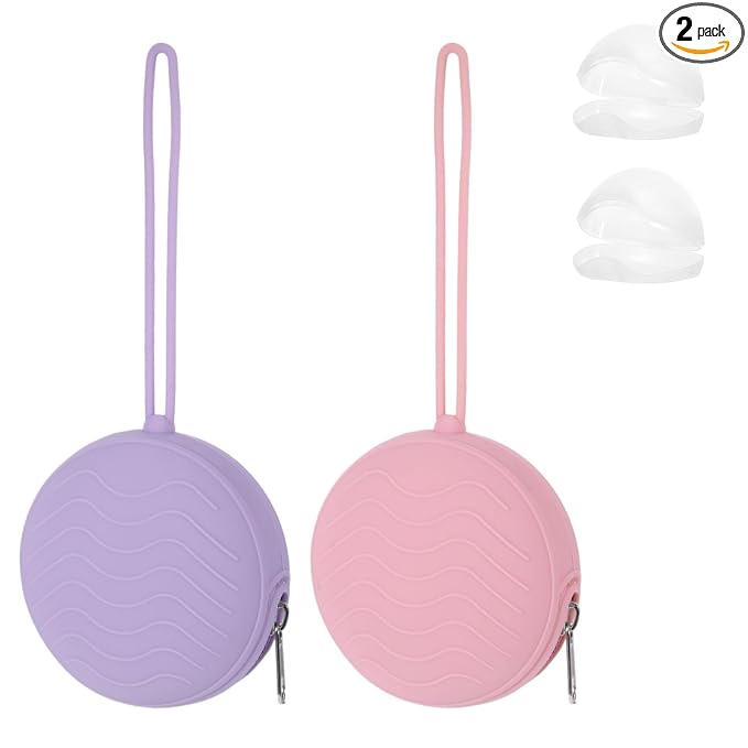 2 Pack Pacifier Holder Bag, 2 Newborn Baby Portable Silicone Pacifier Holder Case, Silicone Holder for Diaper Bag, Travel Outdoor Activities, Easy to Clean (Pink,Purple)