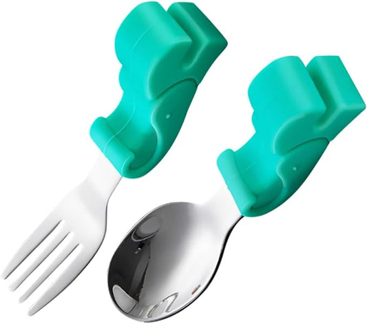 BESPORTBLE Stainless Steel Fork and Spoon with Food Grade Silicone Handles Training Utensils with Storage Case Drop-resistant Tableware for Boys and Safe for Preschoolers and Juniors