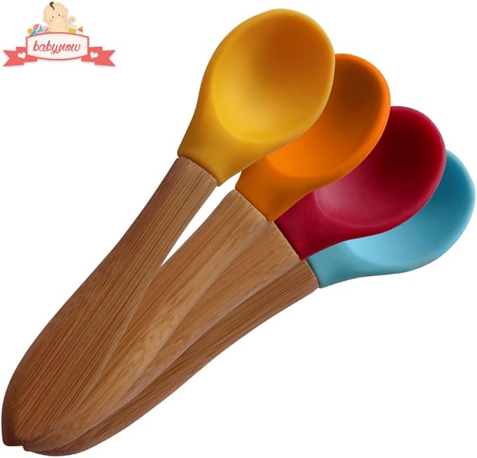 Bamboo Baby Spoons 4 PACK - Toddler Weaning Spoon - Bamboo Handle Silicone Soft Tip Spoon 5.5??Toddlers Weaning Baby Food Utensil - Mom Baby Travel Spoonset
