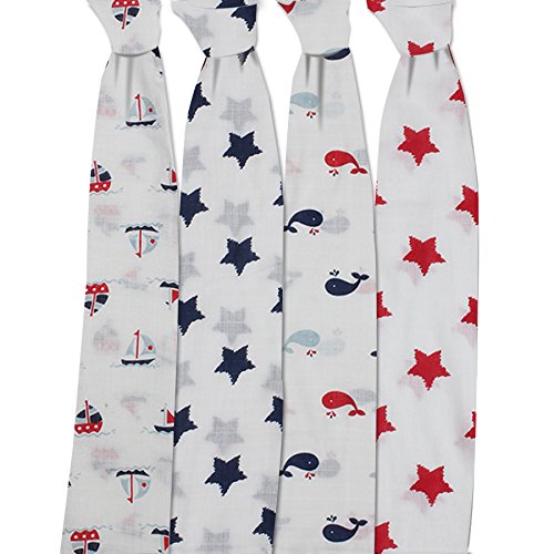 Bacati Set of 4 Little Sailor Muslin Swaddling Blankets, Blue/Red