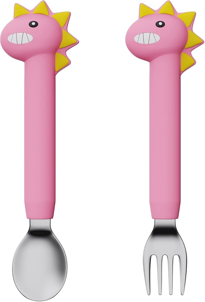 Forks and Spoons Cartoon Set Stainless Steel Utensils Flatware Round Handle Utensils Silverware Flatware Cutlery Set for Home, Kitchen and Restaurant (Pink Dinosaur - Long)