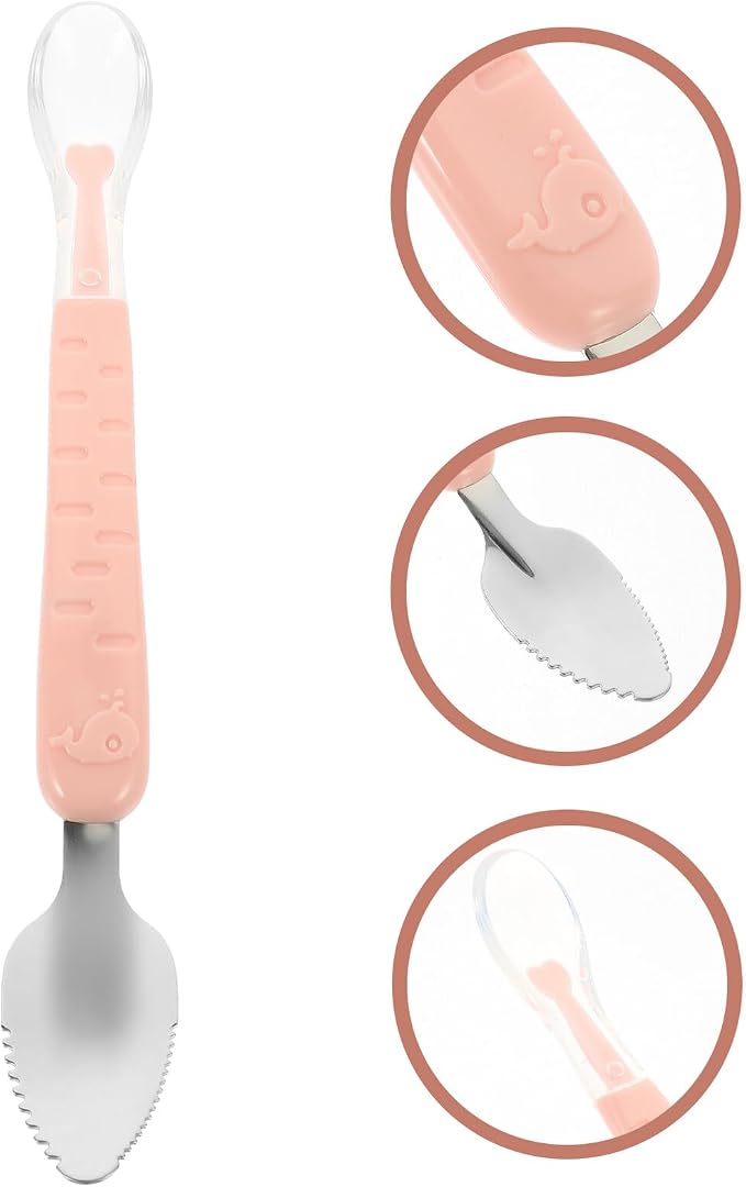 TIDTALEO Double-head Stainless Steel and Silicone Spoon with Storage Box Fruit Puree Scraping and Feeding Utensil Lightweight Portable Cutlery for Self-feeding and Weaning Essentials