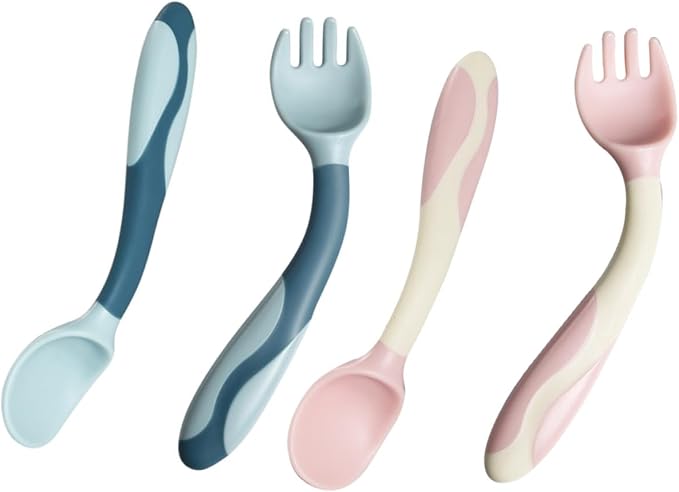 2 Sets Utensils Silicone Training Spoons and Forks with Flexible Bendable Design Non-slip Handle for Self-feeding Pink and Blue
