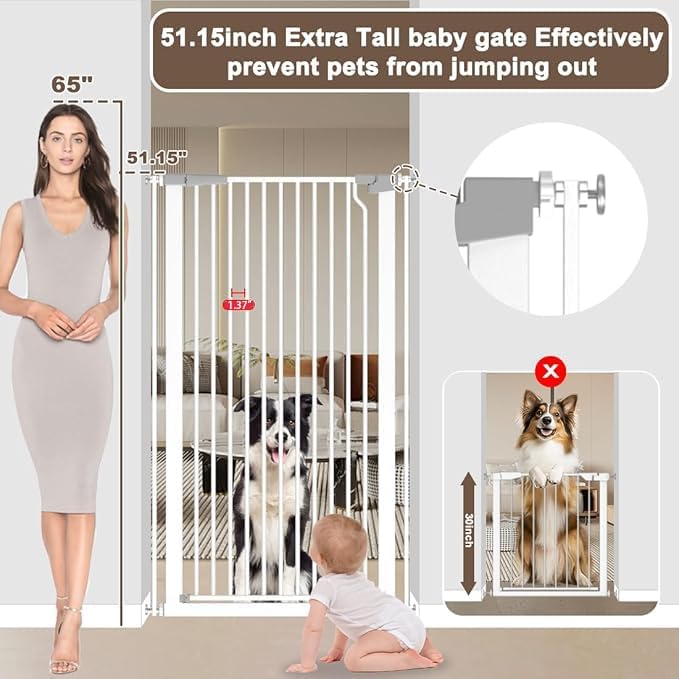 Cat Gate Extra Tall 51.18" - Adjustable Pet Gate for Doorways & Stairs 29.5" to 48.4" Wide, Pressure Mounted Cat Proof Dog Gate with Auto Close, Child Proof Safety Gate Metal, White