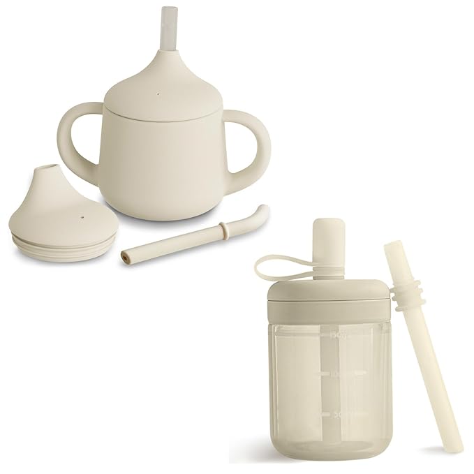 Moonkie Silicone Baby Sippy Cups (4oz) & Baby Straw Cup (5oz) Bundle | 3-Stage Training Cups for Infants & Toddlers | BPA-Free, Drop-Proof, Easy-to-Use Cups for Baby Led Weaning | 6 Months+