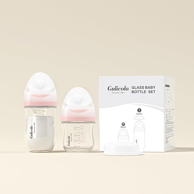 Gulicola Natural Glass Baby Bottle Newborn Set, 3 oz and 5 oz with Extra Slow Flow & Slow Flow Nipple, Anti Colic, 0-3 Months, 2 Pack - Pink