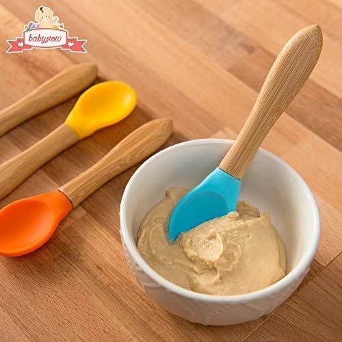 Bamboo Baby Spoons 4 PACK - Toddler Weaning Spoon - Bamboo Handle Silicone Soft Tip Spoon 5.5??Toddlers Weaning Baby Food Utensil - Mom Baby Travel Spoonset
