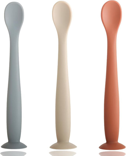 Baby Spoons, BEMEI Silicone Baby Spoons Self Feeding 6+ Months, Soft & Gentle Textured Baby Feeding Spoon with Fixed Suction Cup, Dishwasher Safe 【grey+kahaki+orange】