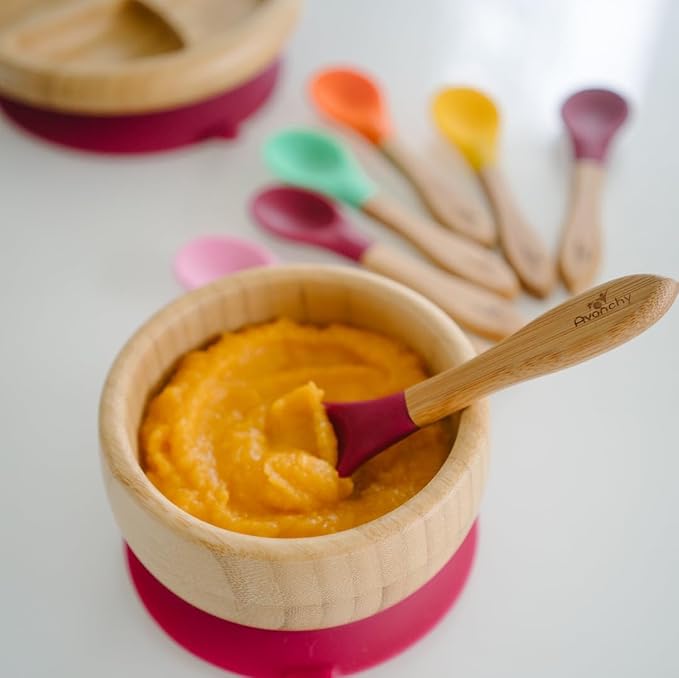 Avanchy Baby Spoons, Silicone Baby Spoons for Self Feeding, Toddler & Infant Spoons 4+ Months, Baby Led Weaning Utensils, Soft Tip Feeding Spoons, BPA Free Bamboo Handle, 10 Pack Pink