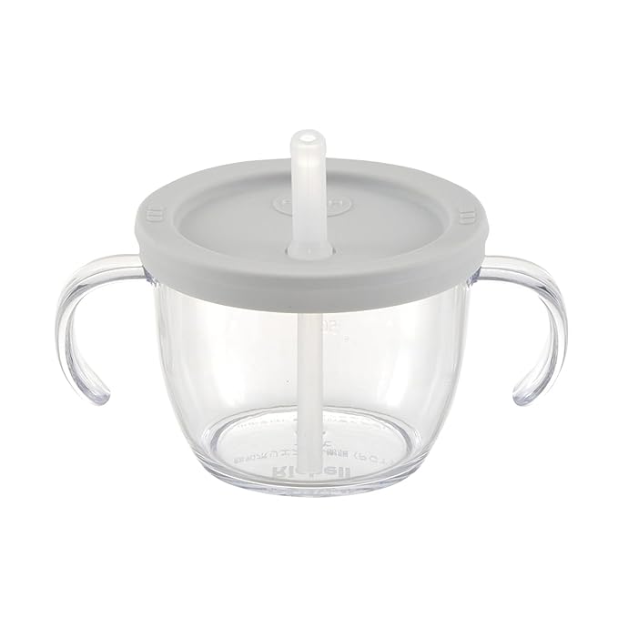 Push Flow Training Sippy Cup with Silicone Straw and Handles, 5 oz, for baby 6 month+ Light Gray